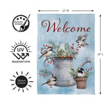 Snowbirds Chickadee Watering Can Suede Garden Flag styled for christmas home decor from Magnolias Home Decor