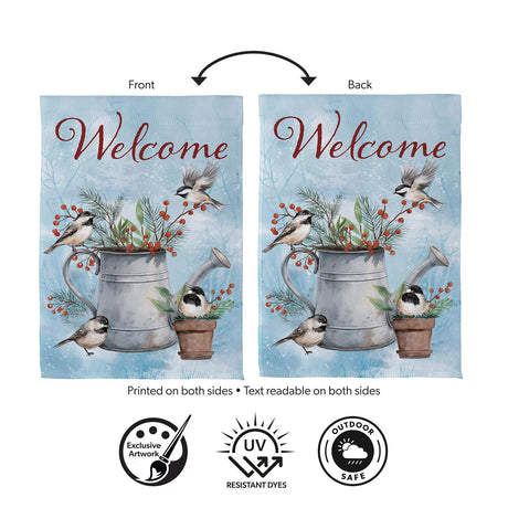 Snowbirds Chickadee Watering Can Suede Garden Flag view 4 from Magnolias Home Decor