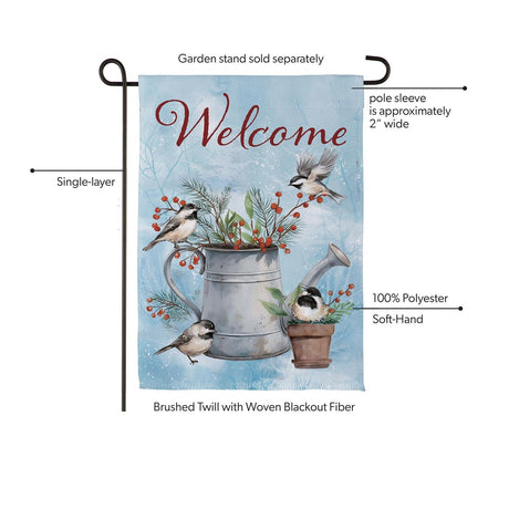 Snowbirds Chickadee Watering Can Suede Garden Flag view 5 from Magnolias Home Decor
