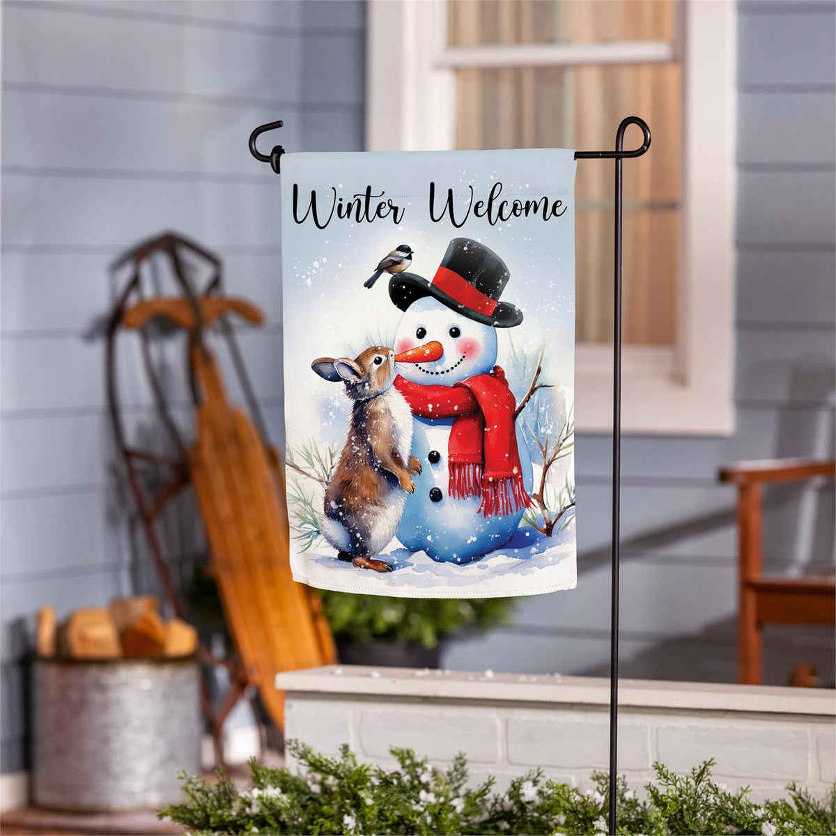 Close-up of snowman & friends suede garden flag detail from Magnolias Home Decor