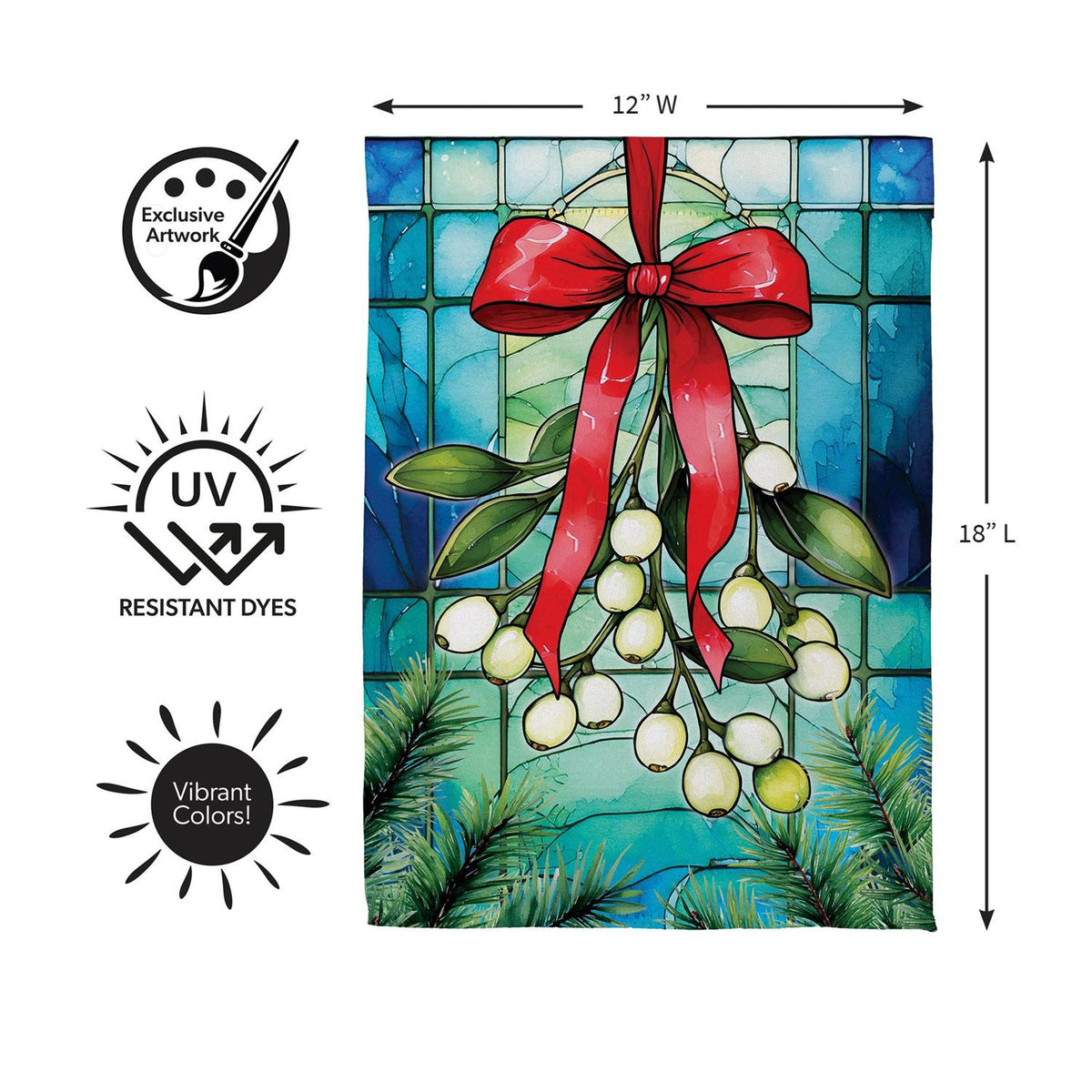 Stained Glass Mistletoe Suede Garden Flag styled for christmas home decor from Magnolias Home Decor