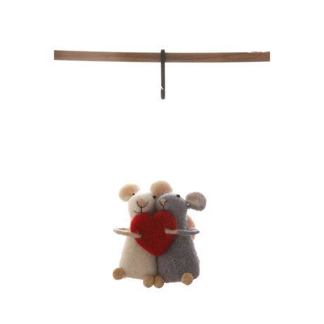 Cream Wool Felt Mice with Heart Ornament