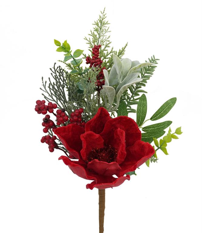 Red Magnolia Flower, Berry & Pine Spray