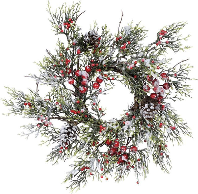 12" Glitter Pine Flocked Berry & Pinecone Candle Ring