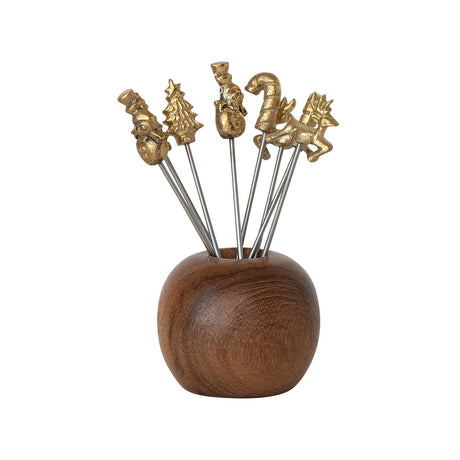 Natural Mango Wood Holder Appetizer Picks Set of 9