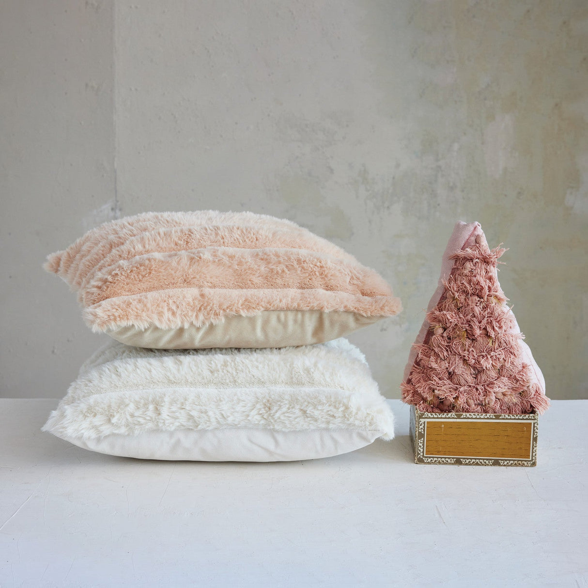 Cream Faux Fur Pillow with Channel Stitch
