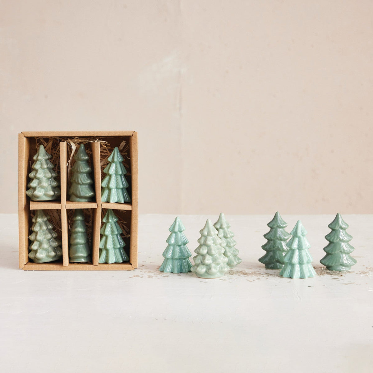 Green Stoneware Trees Set of 6