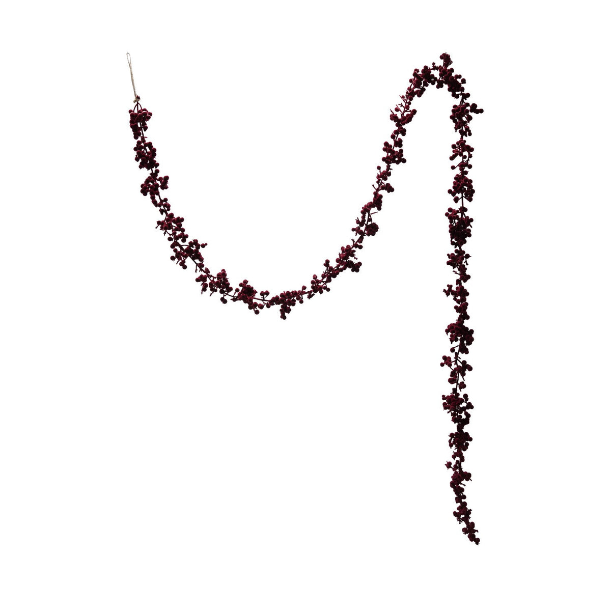 Close-up of burgundy flocked foam ball garland detail from Magnolias Home Decor