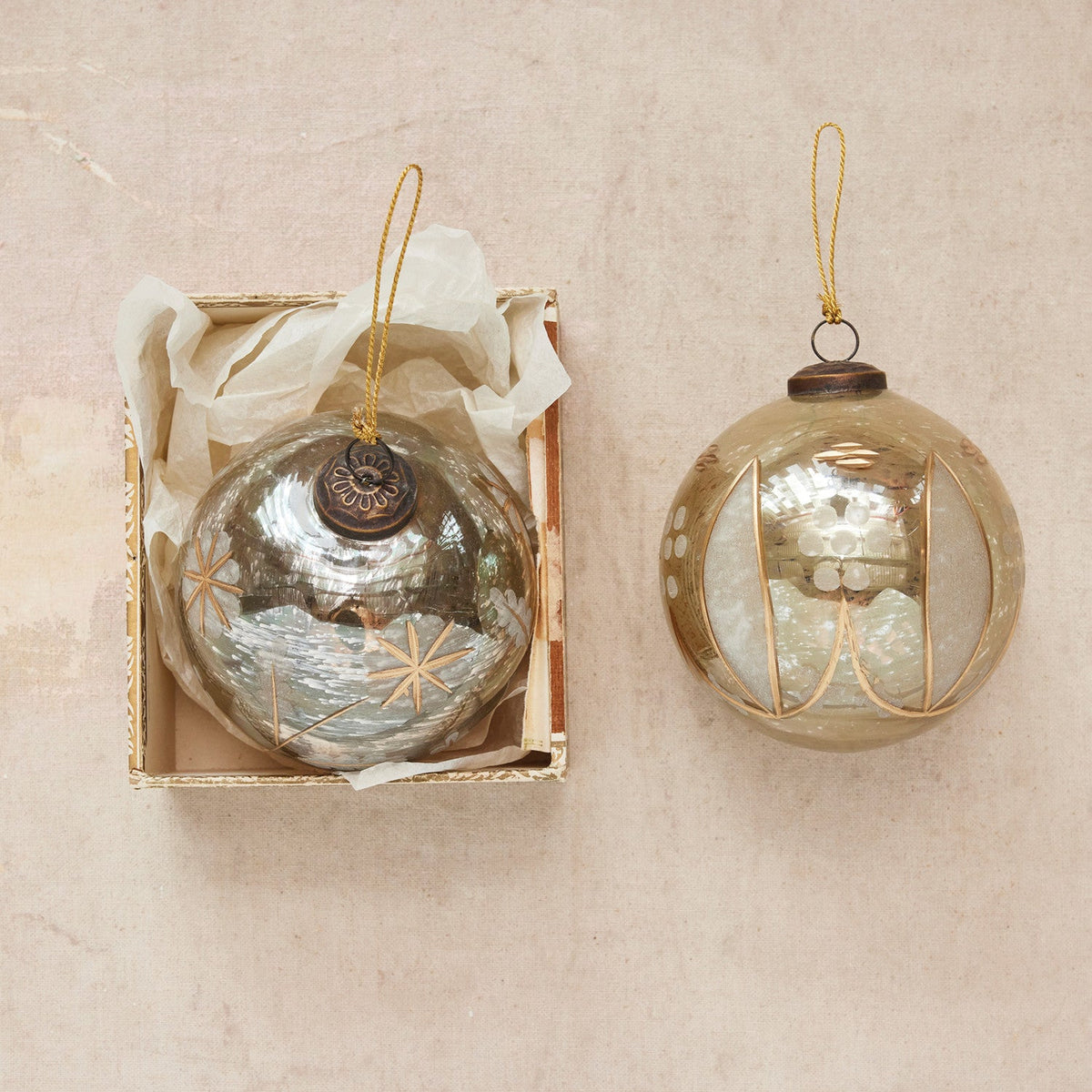 Large Etched Mercury Glass Ball Ornament - 2 Styles