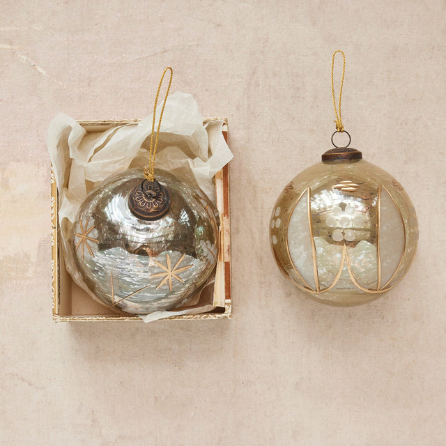 Large Etched Mercury Glass Ball Ornament - 2 Styles
