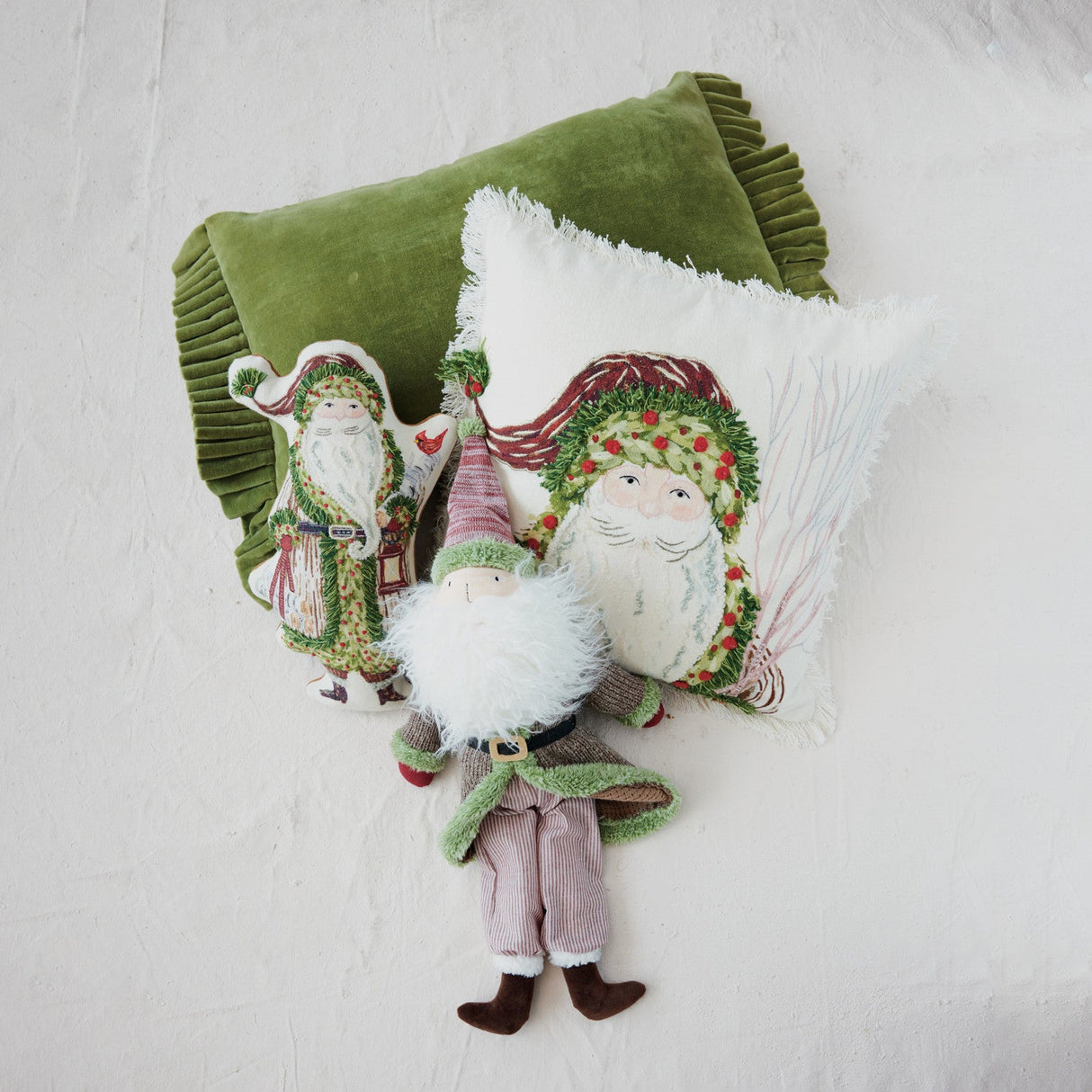 Green Cotton Velvet Lumbar Pillow with Ruffle Trim