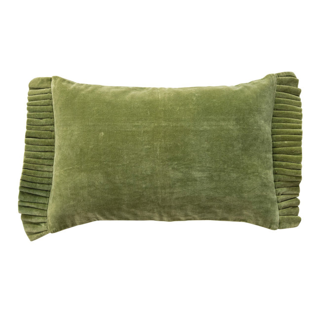 Green Cotton Velvet Lumbar Pillow with Ruffle Trim