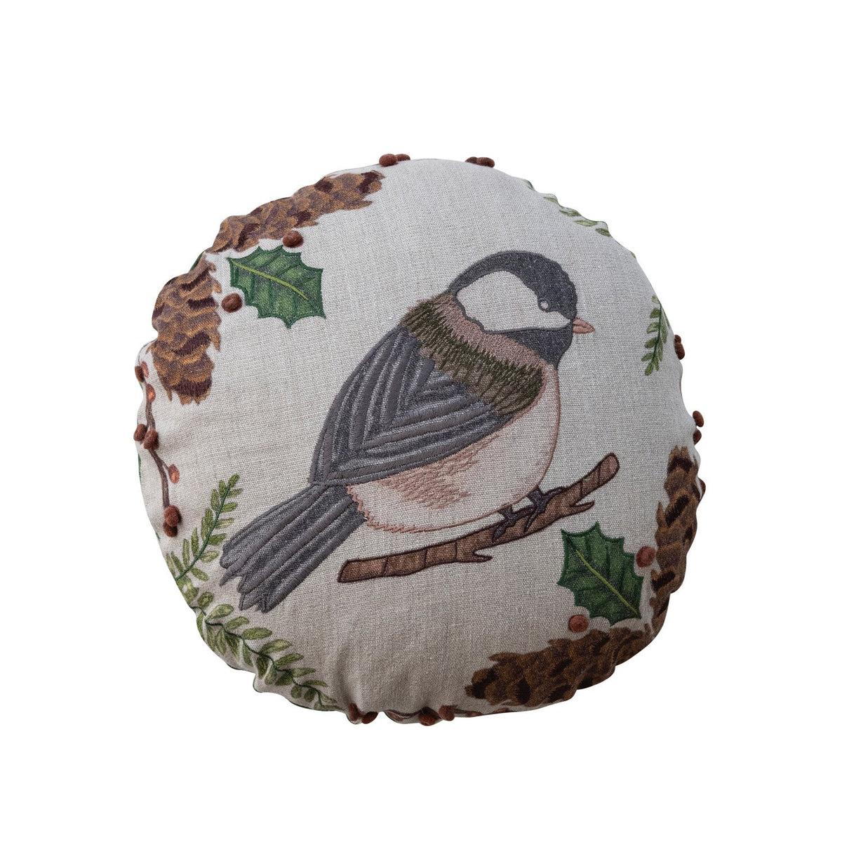 Seasonal Botanicals Bird Linen Printed Round Pillow