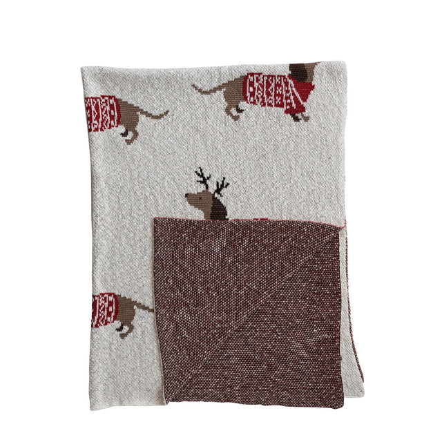 Daschund Thru The Snow Cotton Knit Throw Blanket