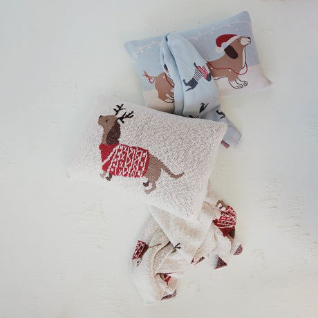 Daschund Thru The Snow Cotton Knit Lumbar Pillow