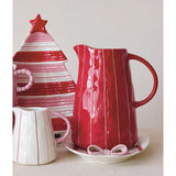 Red & White Hand-Painted Stoneware Striped Pitcher