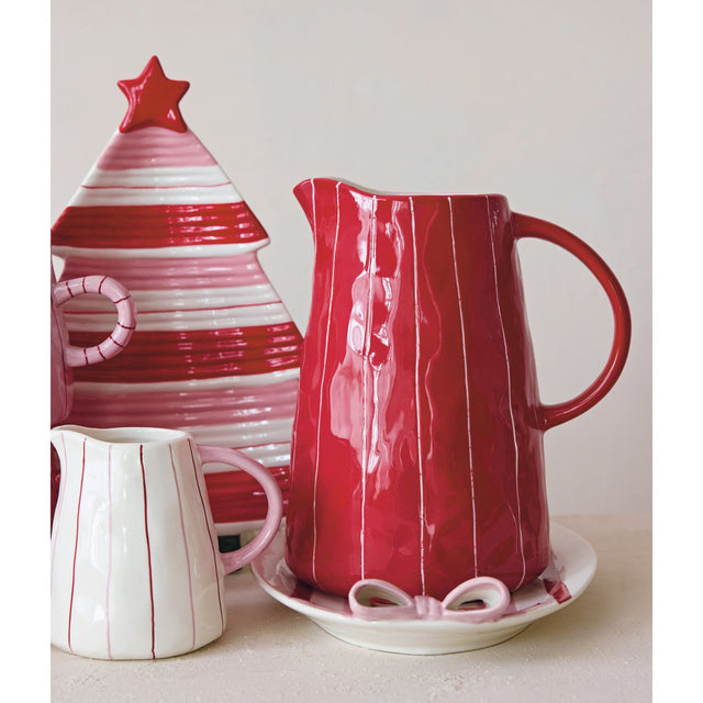 Red & White Hand-Painted Stoneware Striped Pitcher