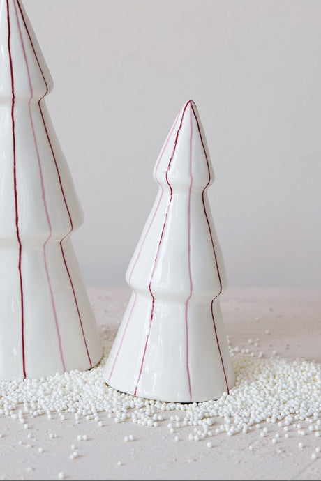 Small White Hand-Painted Stoneware Striped Tree