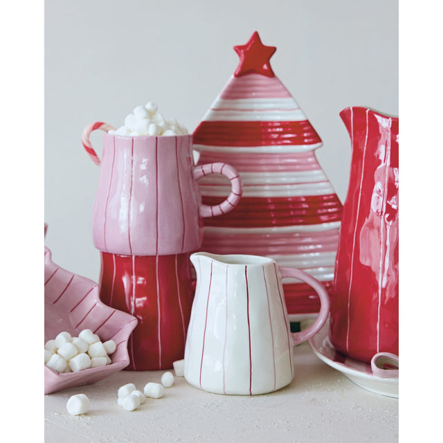 White Hand-Painted Stoneware Striped Organic Creamer