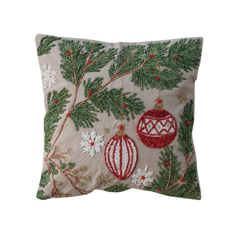 Embroidered Pine Boughs Cotton Pillow