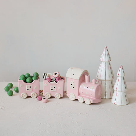 Pink & White Hand-Painted Embossed Stoneware Train