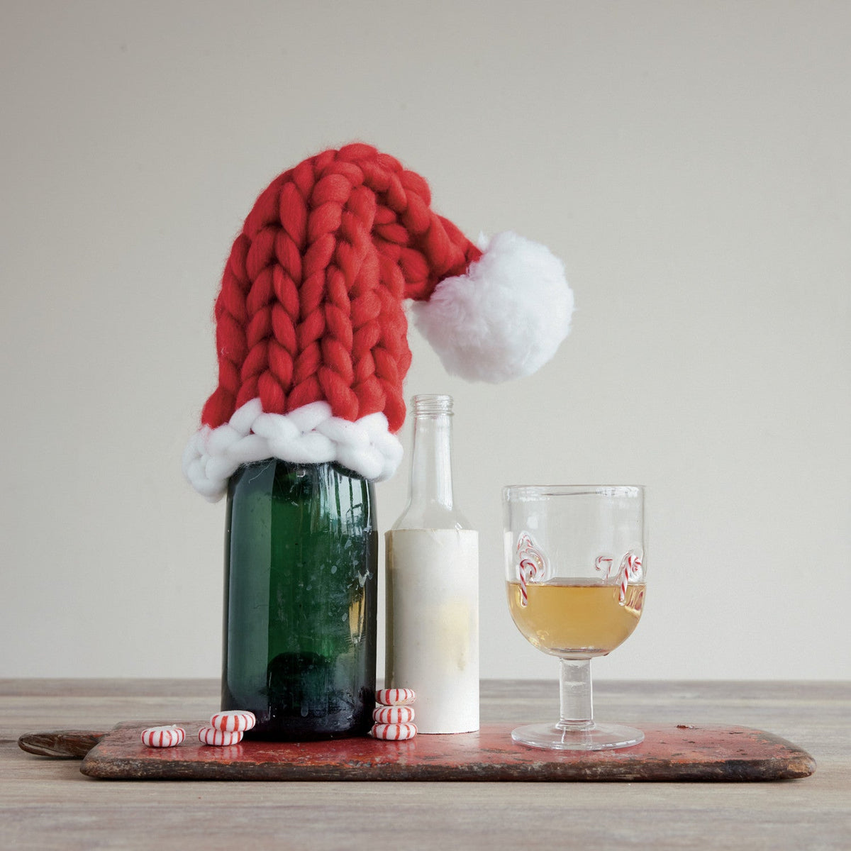 Red & White Knit Fabric Santa Hat Bottle Cover