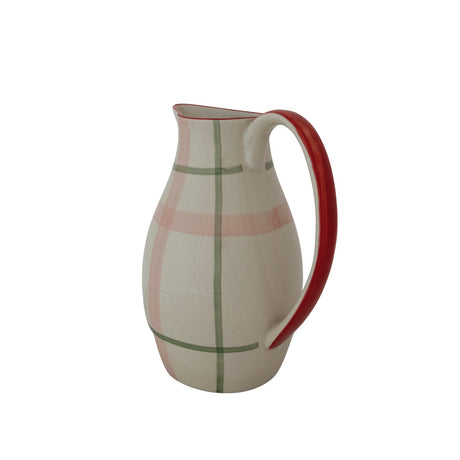 Hand-Painted Blush Plaid Stoneware Pitcher