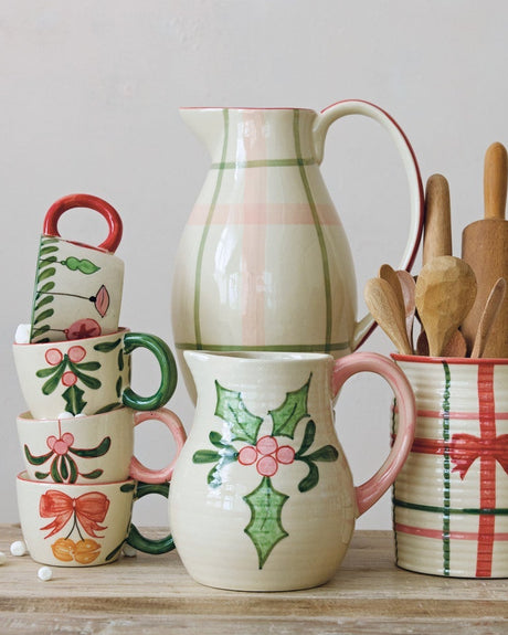 Hand-Painted Blush Plaid Stoneware Pitcher