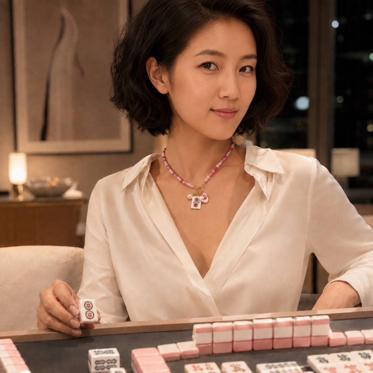 Sunset Dragon Mahjong Tile Charm Beaded Necklace