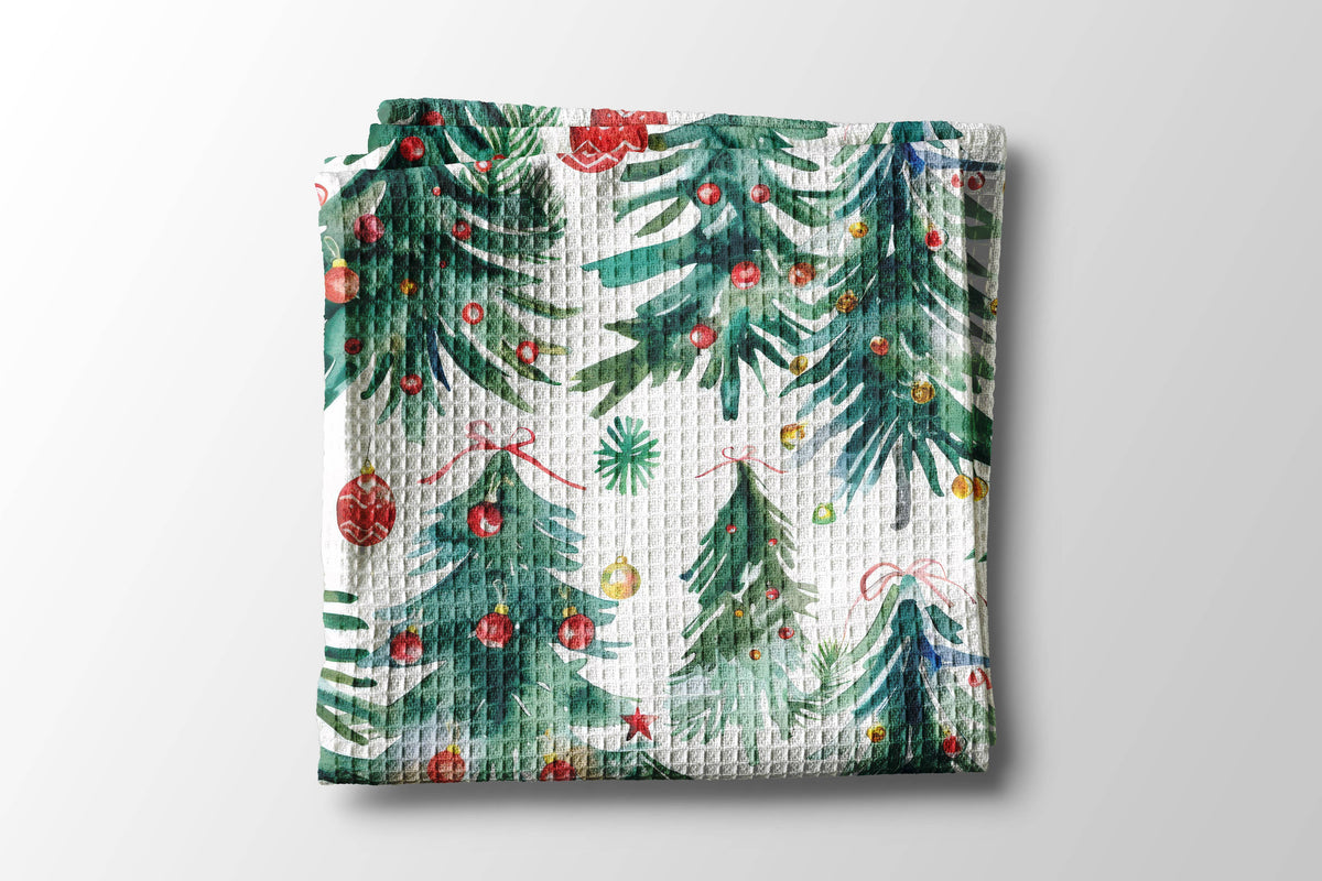 Watercolor Christmas Tree Waffle Tea Towel