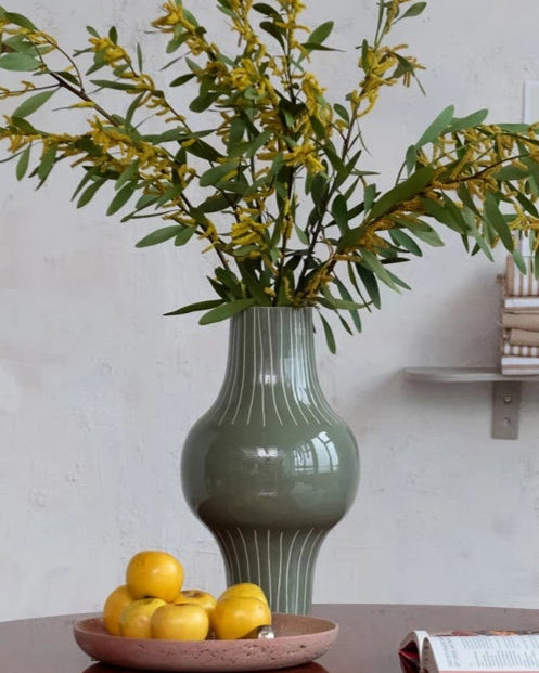 Grey Enameled Metal Indoor/Outdoor Organic Striped Vase