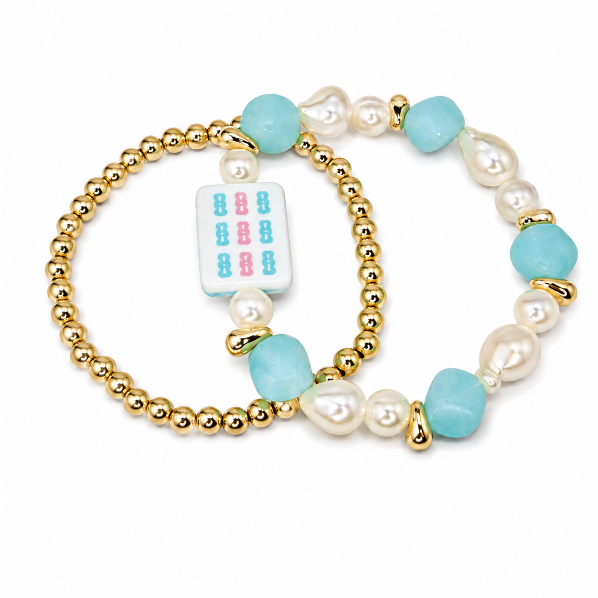 Jade Bamboo Mahjong Tile Beaded Bracelet, 2-Piece Set