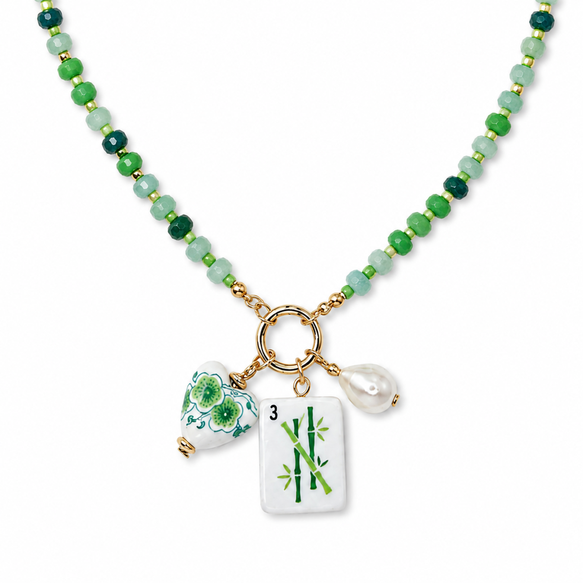 Sunset Dragon Mahjong Tile Charm Beaded Necklace