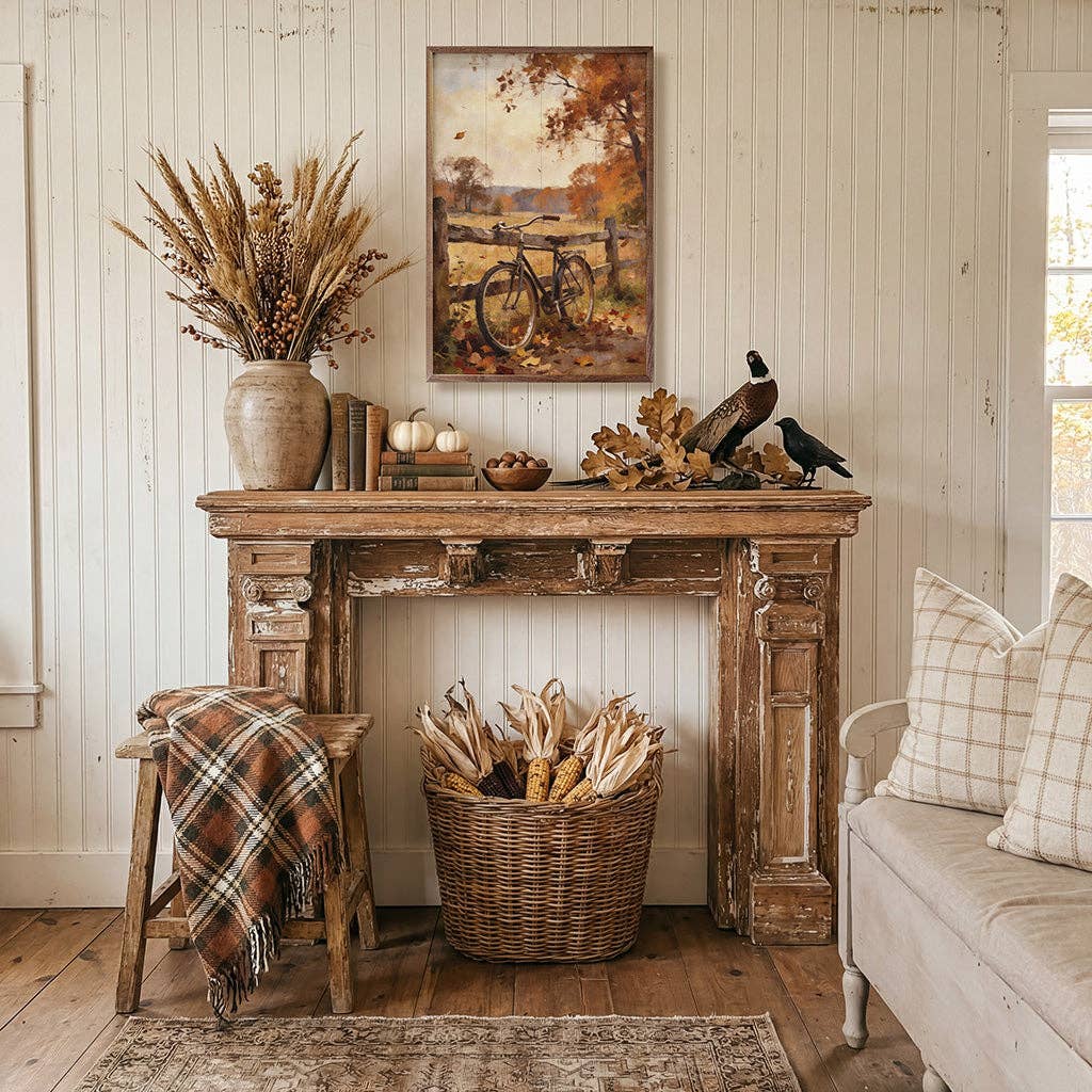 Autumn Bicycle With Country Fence Wood Art
