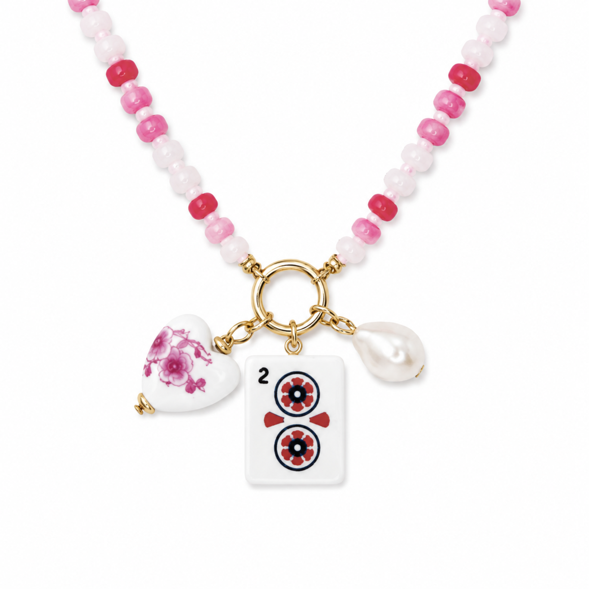 Sunset Dragon Mahjong Tile Charm Beaded Necklace