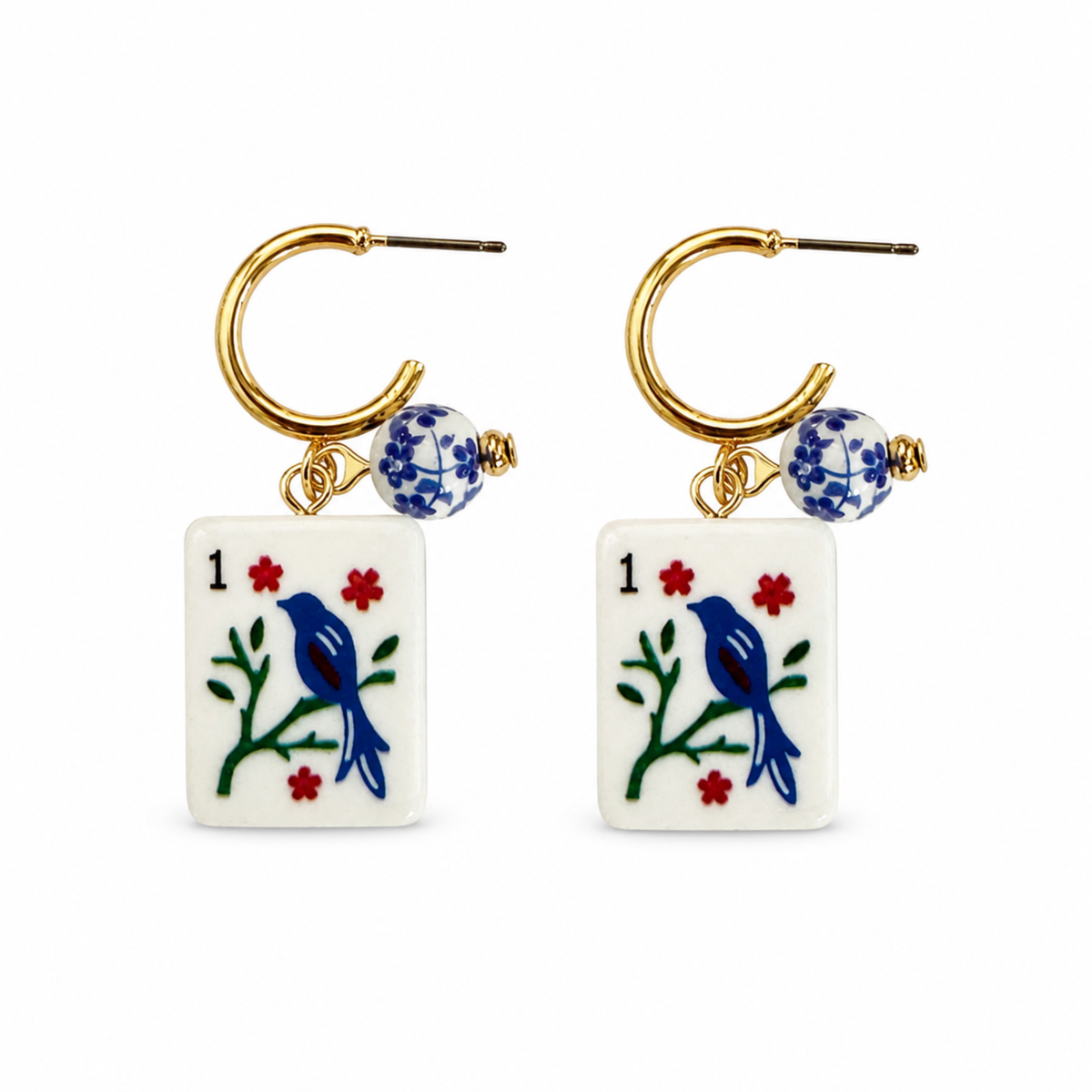 Jade Bamboo Mahjong Tile Charm Hoop Earrings