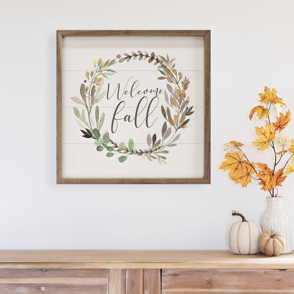 Welcome Fall Wreath White Wood Art