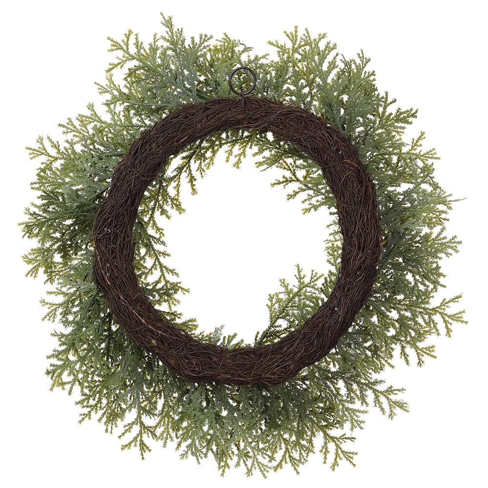 Close-up of iced cedar wreath detail from Magnolias Home Decor