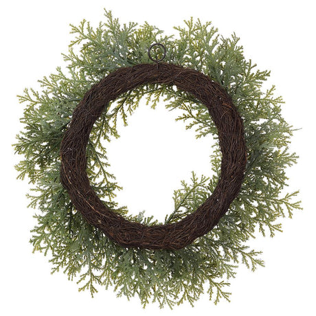 Close-up of iced cedar wreath detail from Magnolias Home Decor