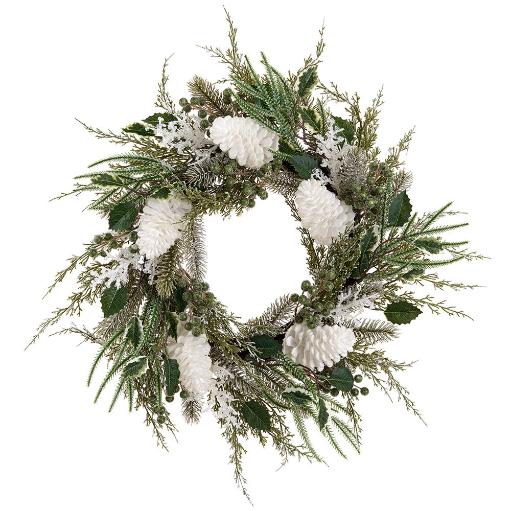 24" Iced Pinecone Holly Pine Wreath