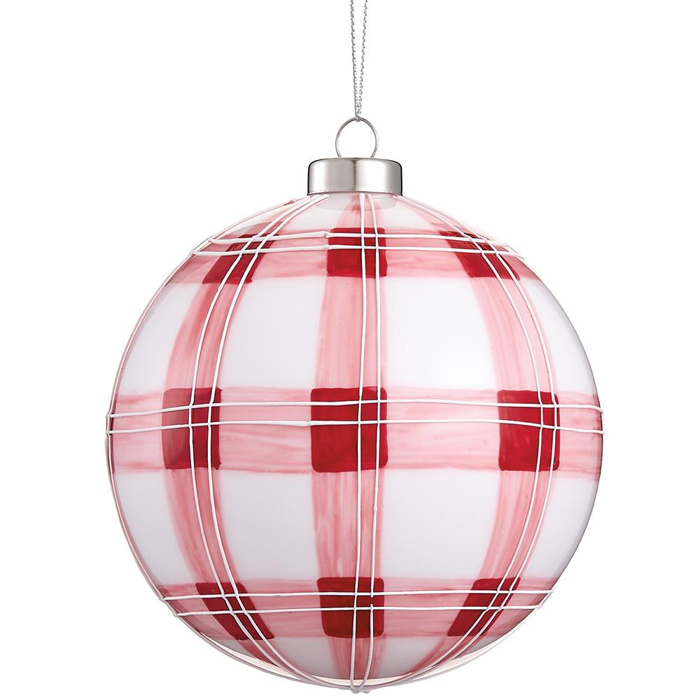 White Plaid Glass Ball Ornament