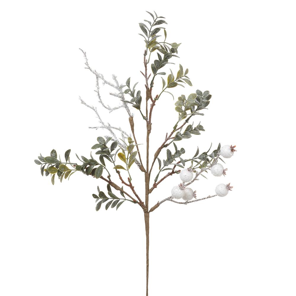 White Glittered Berry Leaf Spray