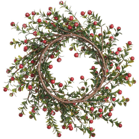 Close-up of red snowed berry wreath detail from Magnolias Home Decor