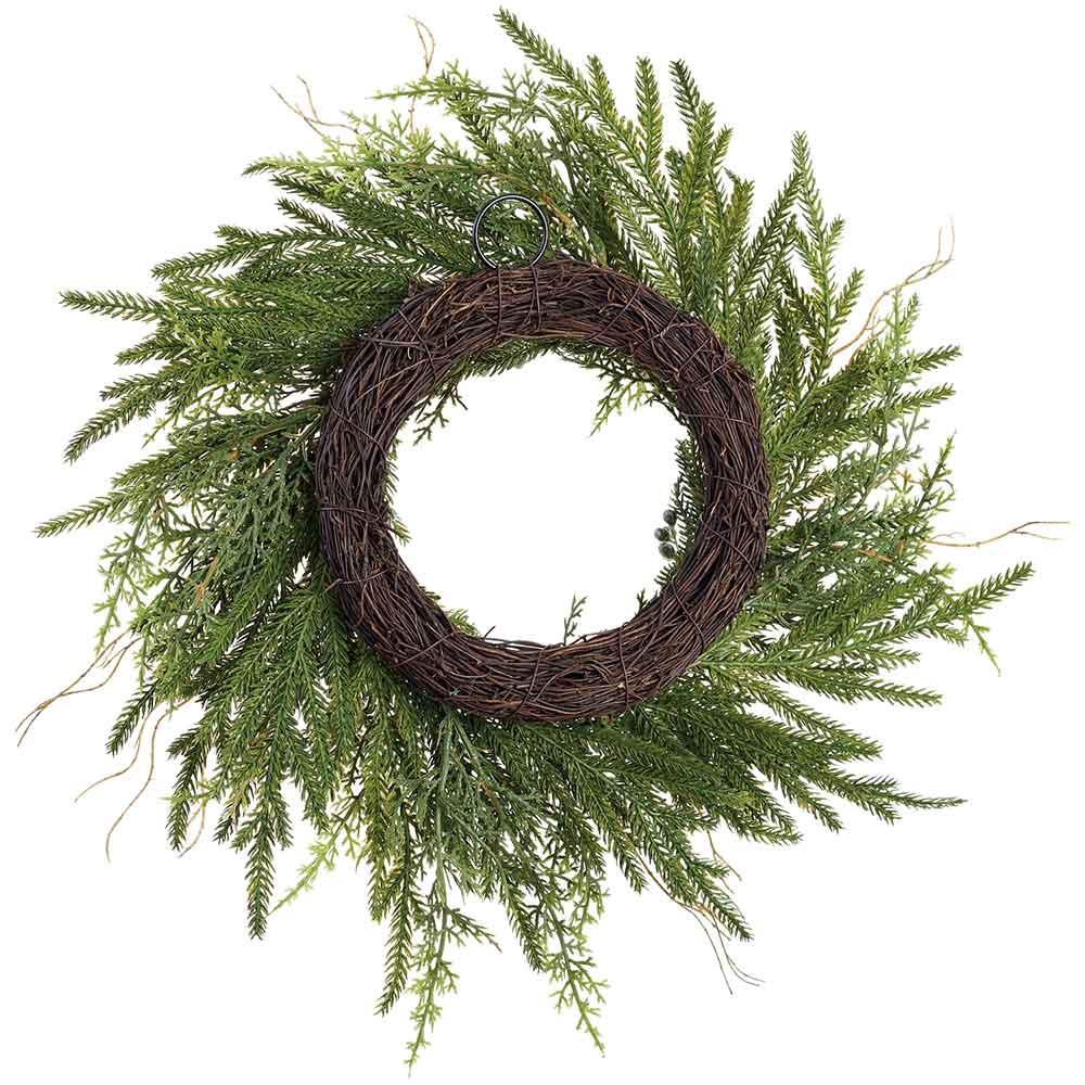 Close-up of juniper cypress wreath detail from Magnolias Home Decor