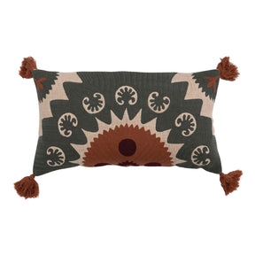 28" x 16" Cotton Lumbar Pillow with Suzani Embroidery & Tassels