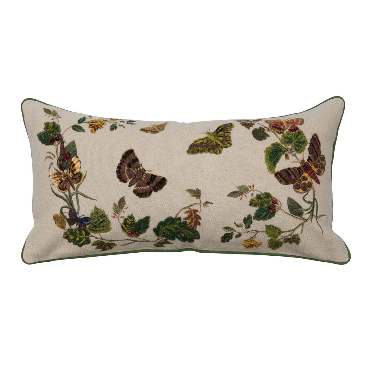 24" x 12" Cotton Lumbar Pillow w/ Butterflies, Flowers, Embroidery & Piping