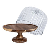 Acacia Wood Pedestal with Fluted Glass Cloche