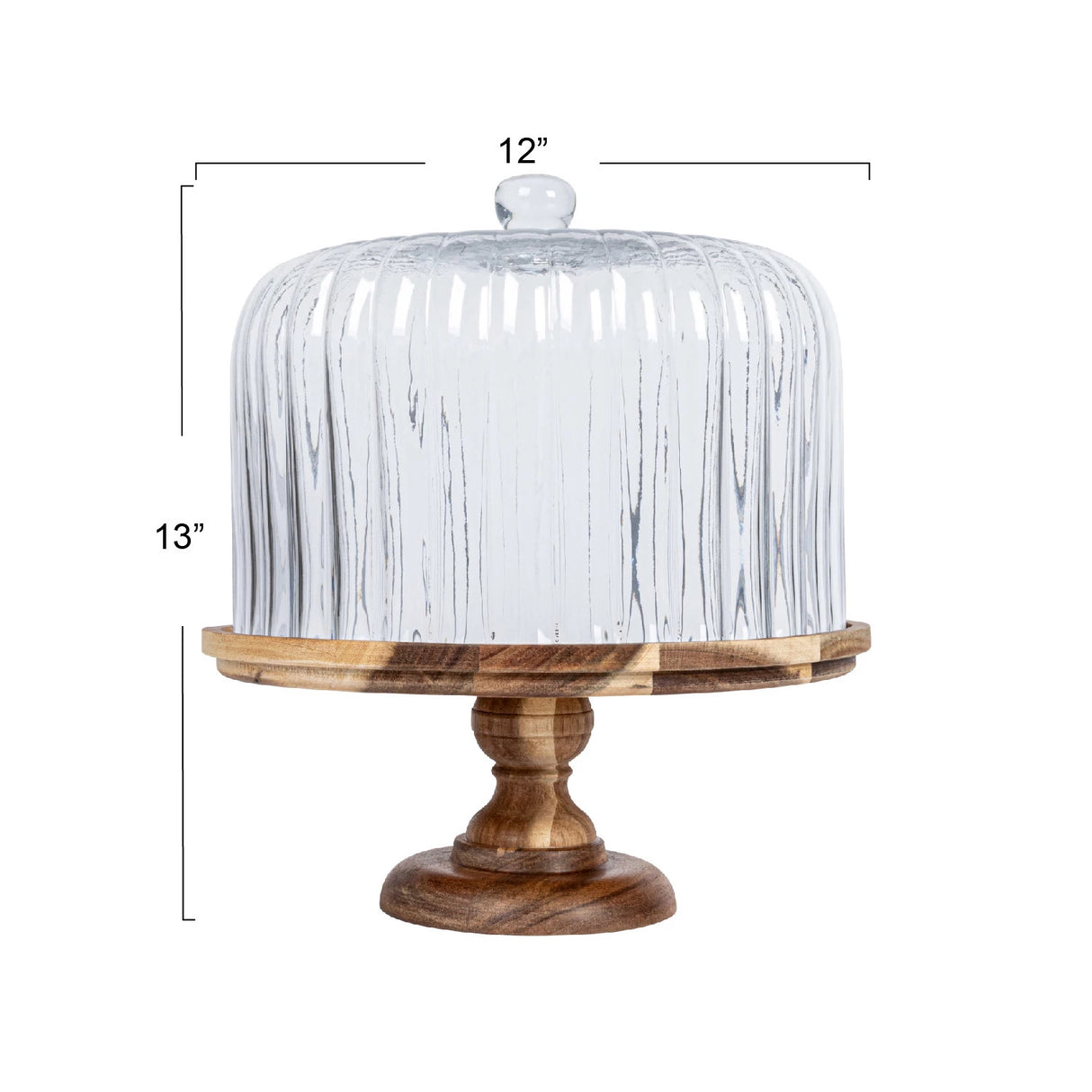 Acacia Wood Pedestal with Fluted Glass Cloche