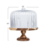 Acacia Wood Pedestal with Fluted Glass Cloche