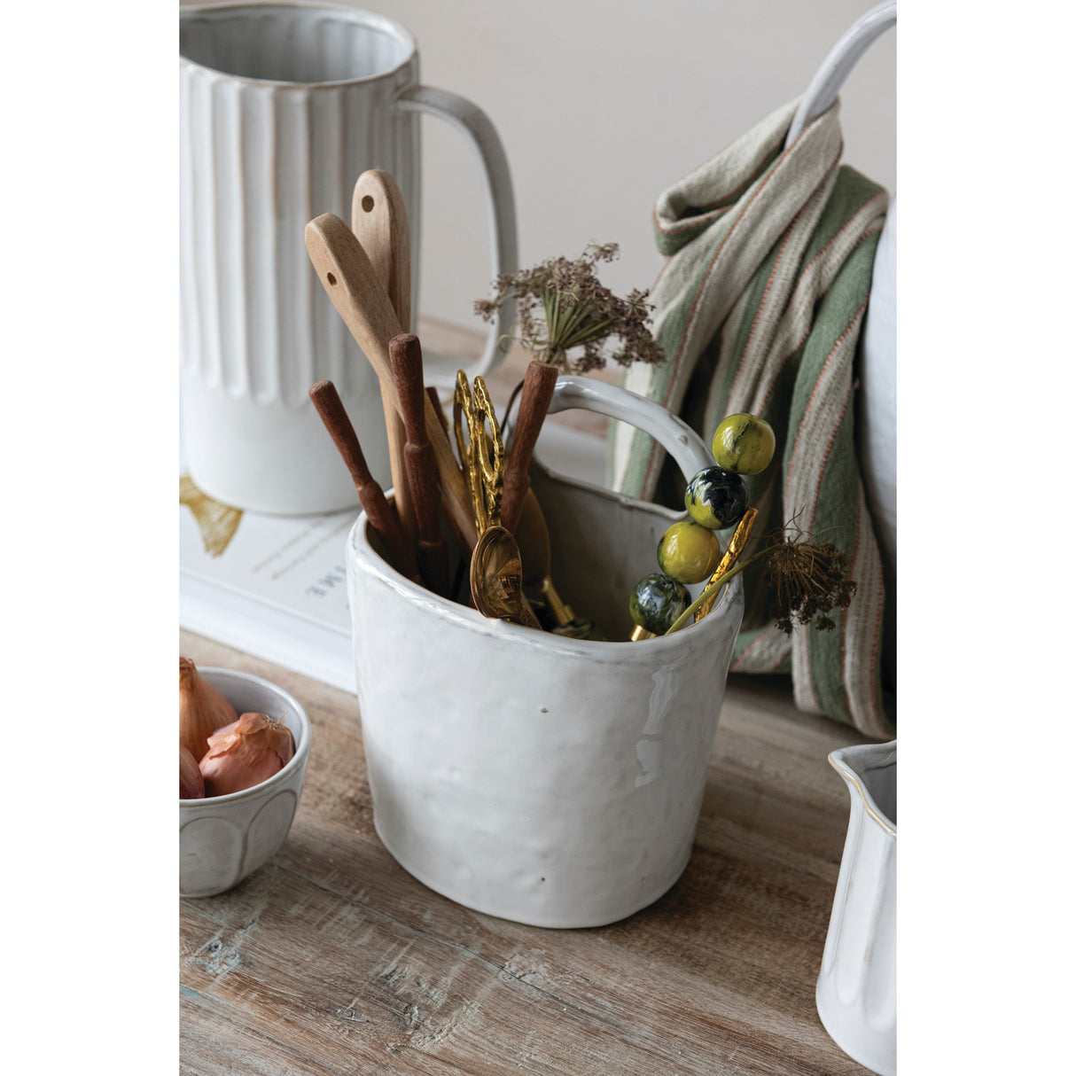 White Stoneware Crock with Handle